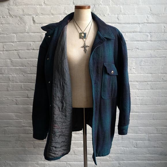 90s Vintage Green Plaid Wool Coat Utility Chore Jacket Oversize Flannel Large - Picture 4 of 9